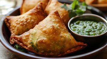 Golden fried triangular pastries served with green herb sauce and greens photo