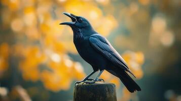 A black crow with an open beak resting on wood photo