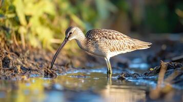 A long billed shorebird searching in a shallow body of water photo