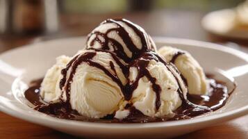 A white plate displaying scoops of ice cream with chocolate sauce photo