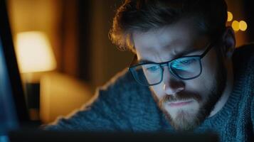 A man wearing glasses intently looking at a screen photo