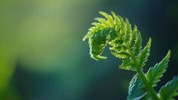 A vibrant green fern unfurling with delicate and illuminated foliage photo