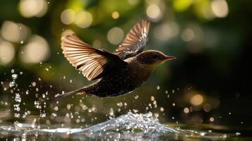 A small bird flying close to the water creating splashes photo