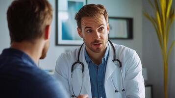 A doctor is speaking with a patient in his office photo