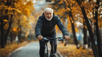 An elderly man is biking on a paved pathway in a park photo
