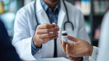 Doctor consulting with patient about prescription medication for treatment photo