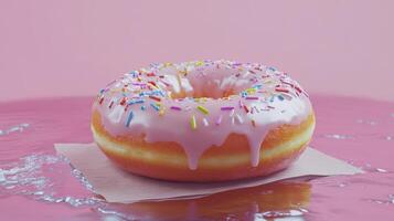A delicious sprinkled donut with pink icing and sweet toppings is shown photo