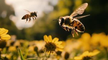 Two flying bees are shown above a yellow flower field photo
