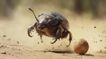 A large beetle pushes a ball of soil on the dry ground photo