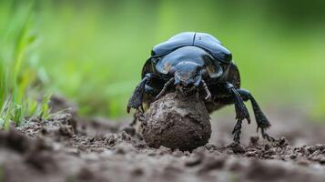 A large black beetle rolling a ball of dirt across the ground photo