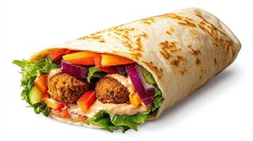 A delicious falafel wrap filled with fresh vegetables and sauce photo