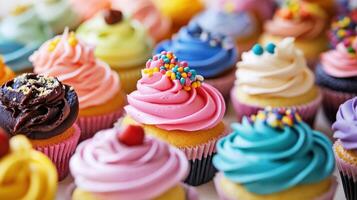An assortment of colorful cupcakes with various frosting decorations photo