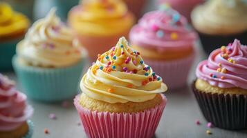 Several delicious cupcakes with colorful frosting and sprinkles are displayed photo