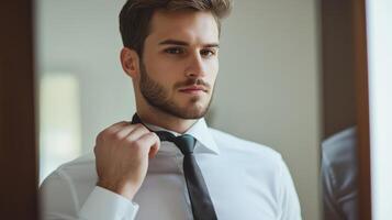 Handsome man adjusting his tie preparing for important events or appointments photo