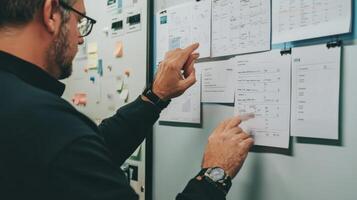 A man is examining documents on a planning whiteboard wall photo