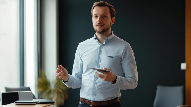 un bien vestido hombre dando un presentación en un moderno oficina foto