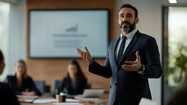 A businessman is presenting at a meeting in an office space photo
