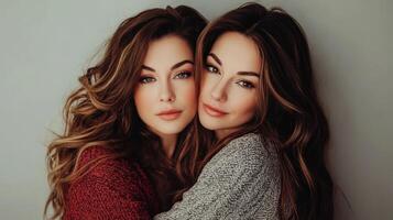 Two beautiful women hugging and posing for a portrait photograph photo