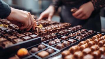 People selecting chocolate confections from a store display for purchase photo