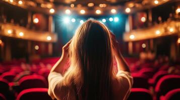 Person Watching Stage Performance With Bright Stage Lights Focused Above photo