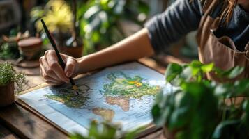 A person planning a trip with map and pen nearby plants photo