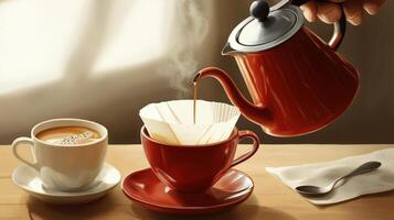 Someone carefully pouring fresh brewed coffee into a filter and cup photo