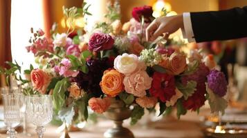 A large beautiful floral arrangement with hands adjusting its blooms photo