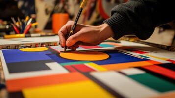 Hand using pen to create art piece with geometric shapes photo