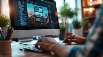 A person typing on a keyboard in front of a monitor photo