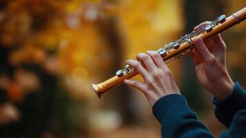 Close up view of hands playing a shiny flute photo
