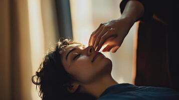 A person receiving acupuncture therapy with needles and hand placement photo