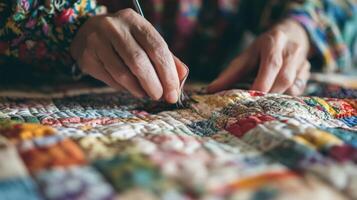 Persons hands using a tool to work on a quilt photo