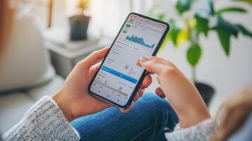 Woman Holds Phone Displaying Data on a Mobile Application photo