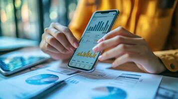 Person holding smartphone displaying financial graphs and documents photo