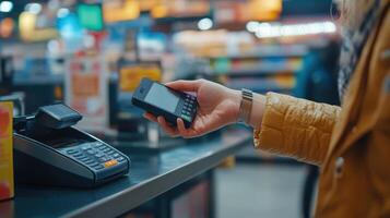A person making a contactless payment with a smartphone device photo