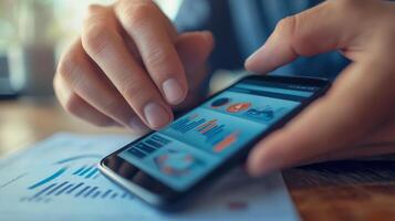 Person using phone to view business financial data photo