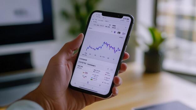 A person is holding a smartphone displaying stock market data photo