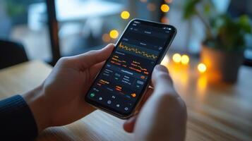 Person holds smartphone displaying stock market financial data graphs and numbers photo