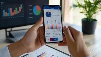 A person holds a phone displaying financial data and graphs photo