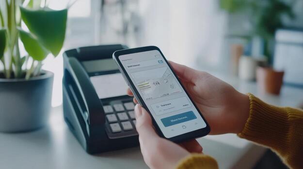 A person is using a smartphone for mobile payment transactions photo