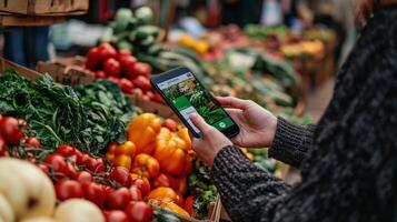 Person holding a smartphone next to fresh vegetables on display photo
