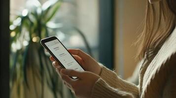 Woman holding a smartphone with text in natural daylight photo