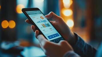 A person using a smartphone to view charts and graphs photo