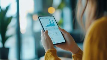Woman holds smartphone showing data analytics on its screen photo