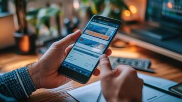 Someone holding and using a smart phone with an application open photo