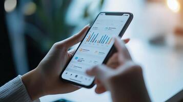 A person uses a smartphone with data charts on its screen photo