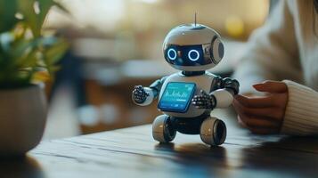An adorable small robot is on a wooden table near a person photo