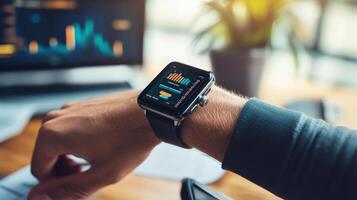 A smart watch displaying stock data on a persons wrist photo