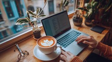 A laptop a latte and indoor plants on a window sill photo