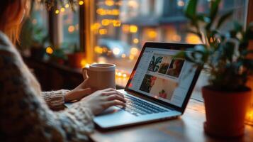 Person working on laptop with beverage next to a plant photo